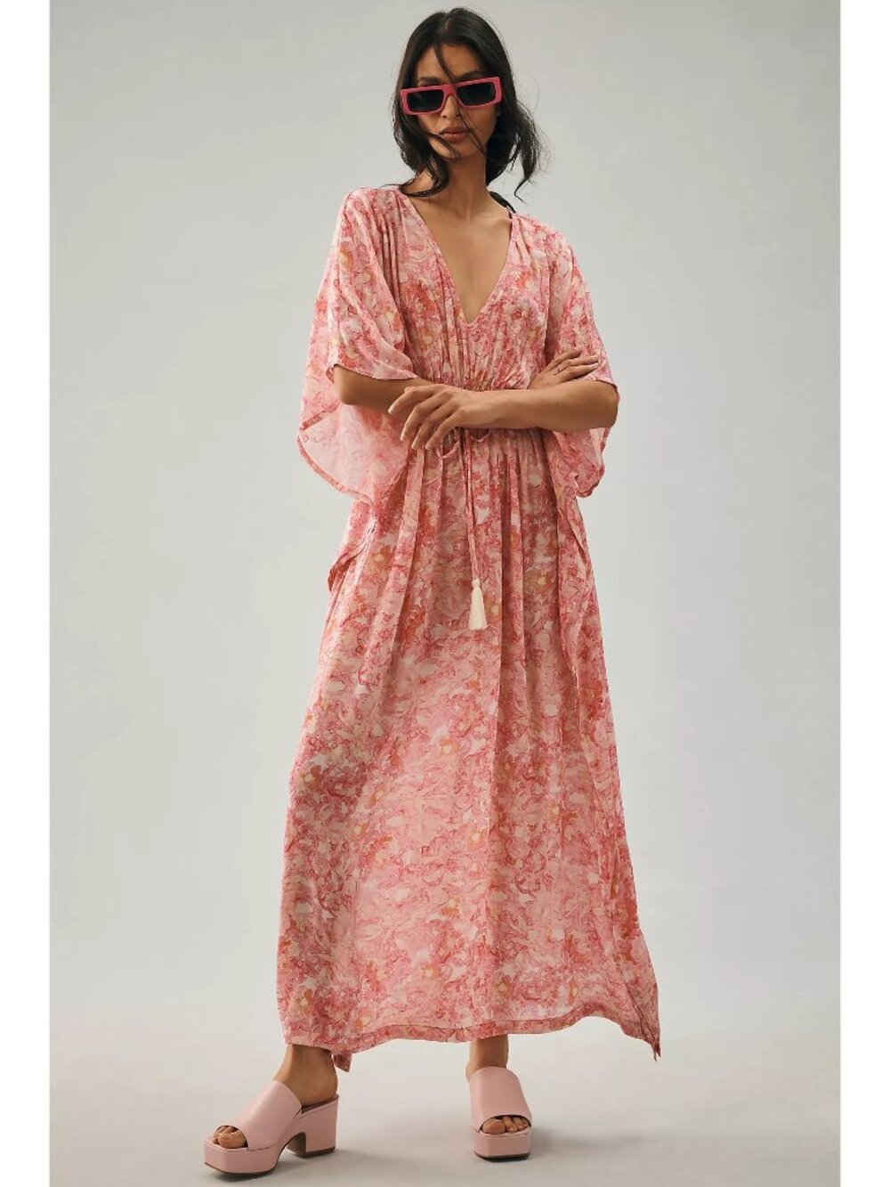 Rujuta Sheth Womens Relaxed V-neckline Kaftan One Size Pink Floral Pullover Boho